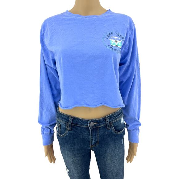 Blue 84 SMALL Blue Lake Tahoe California Long Sleeve Crop Tee Shirt T-Shirt - Picture 2 of 14